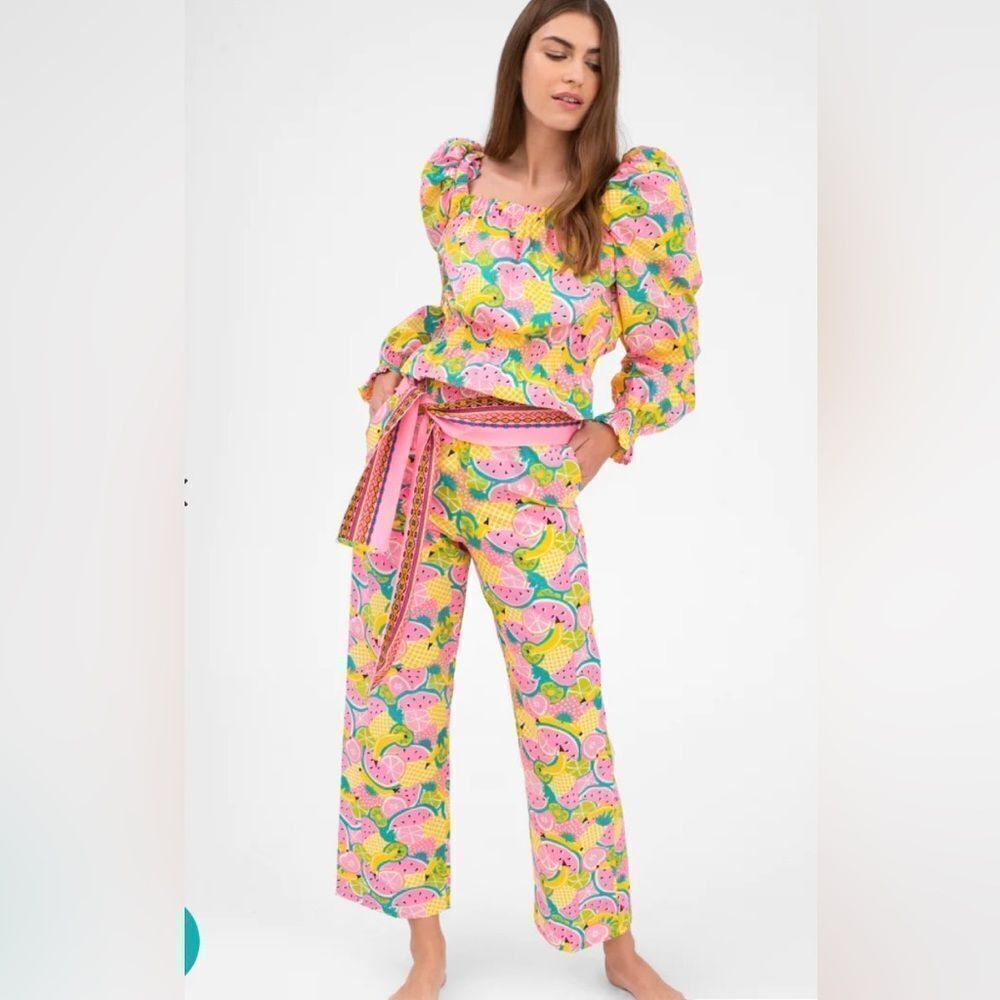 NEW PITUSA Pink Fruit Print High Rise Belted Cotton Comfy Pull On Pants X Small
